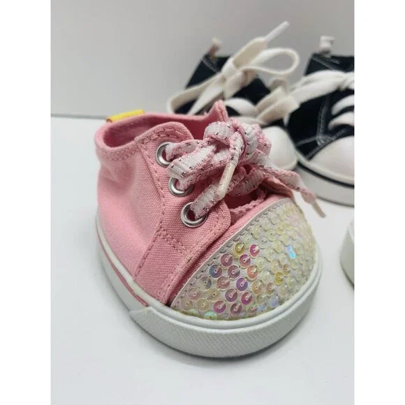 2 Pair Build A Bear High Top Black & White Sneakers Shoes & Pink Sequin Sneakers - Picture 4 of 10